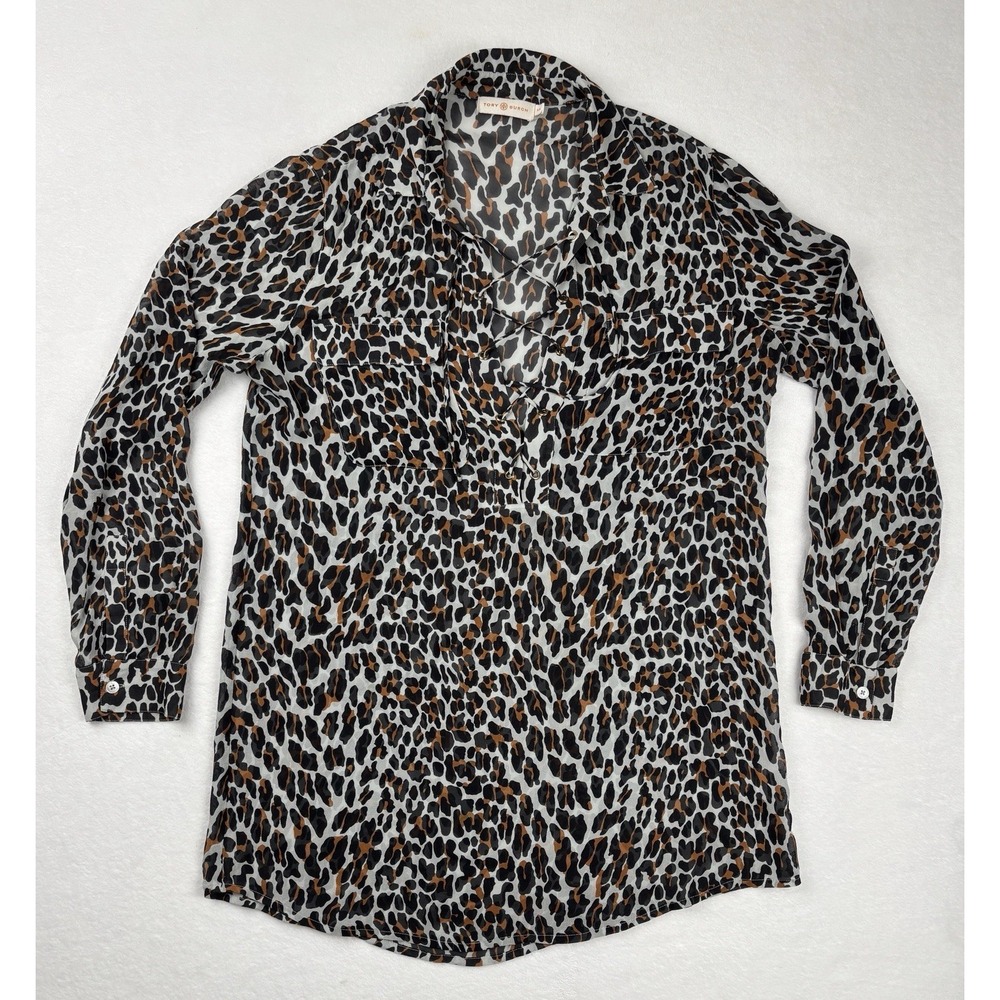 Tory Burch Leopard Print Lace Up Tunic Blouse Silk Blend Size Small